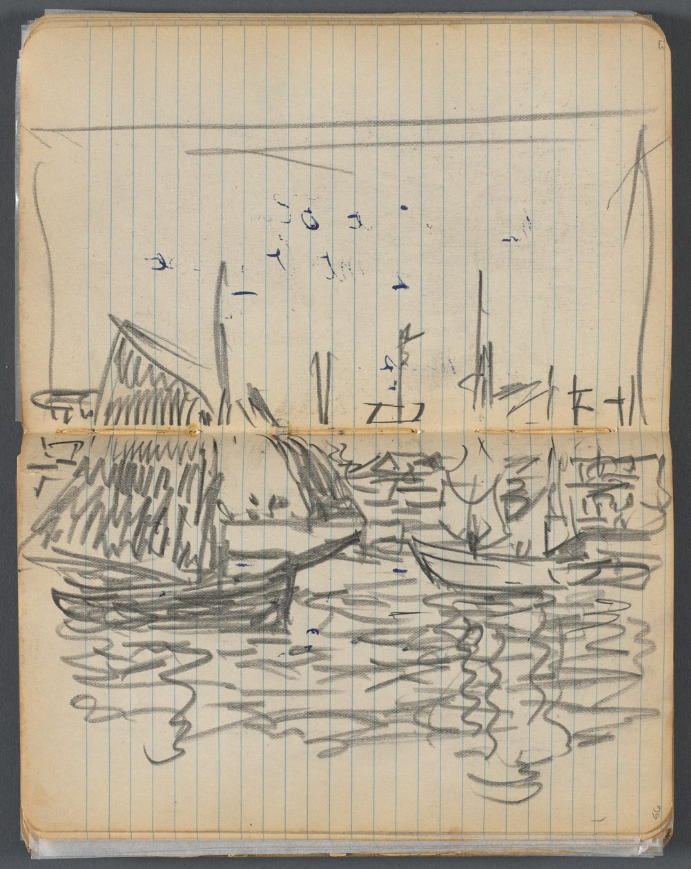 Schetsboek, pagina 056 57: Uitzicht op zeilboten door Maurice Prendergast