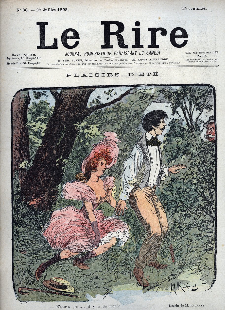 Zomerplezier - Twee geliefden worden verrast in een bos door een voorbijganger - Illustratie door Maurice Radiguet (1866-1941) voor het Franse tijdschrift Le Rire nummer 38 van 1895 door Maurice Radiguet