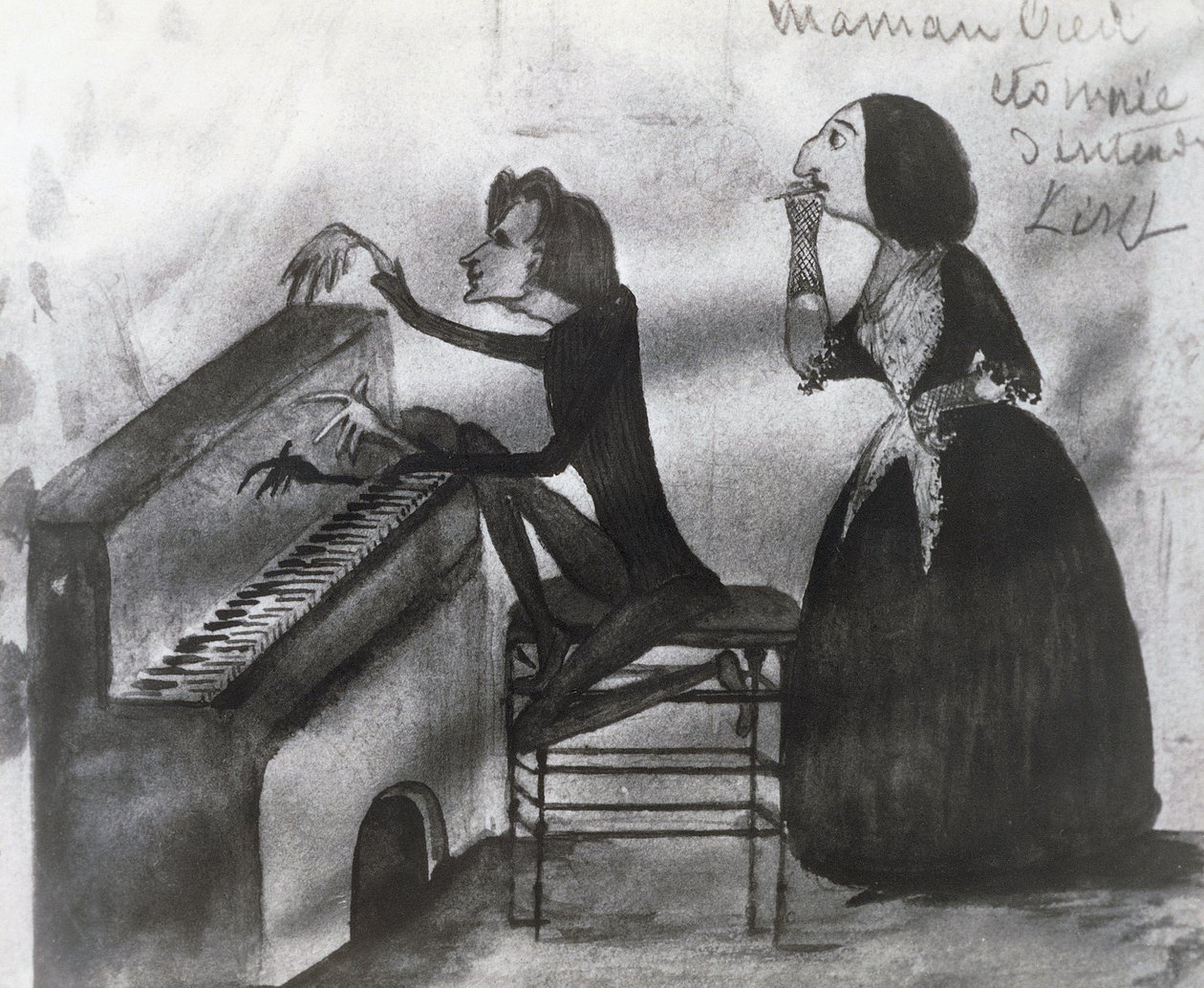 Karikatuur van Franz Liszt en George Sand in Nohant in 1832 door Maurice Sand