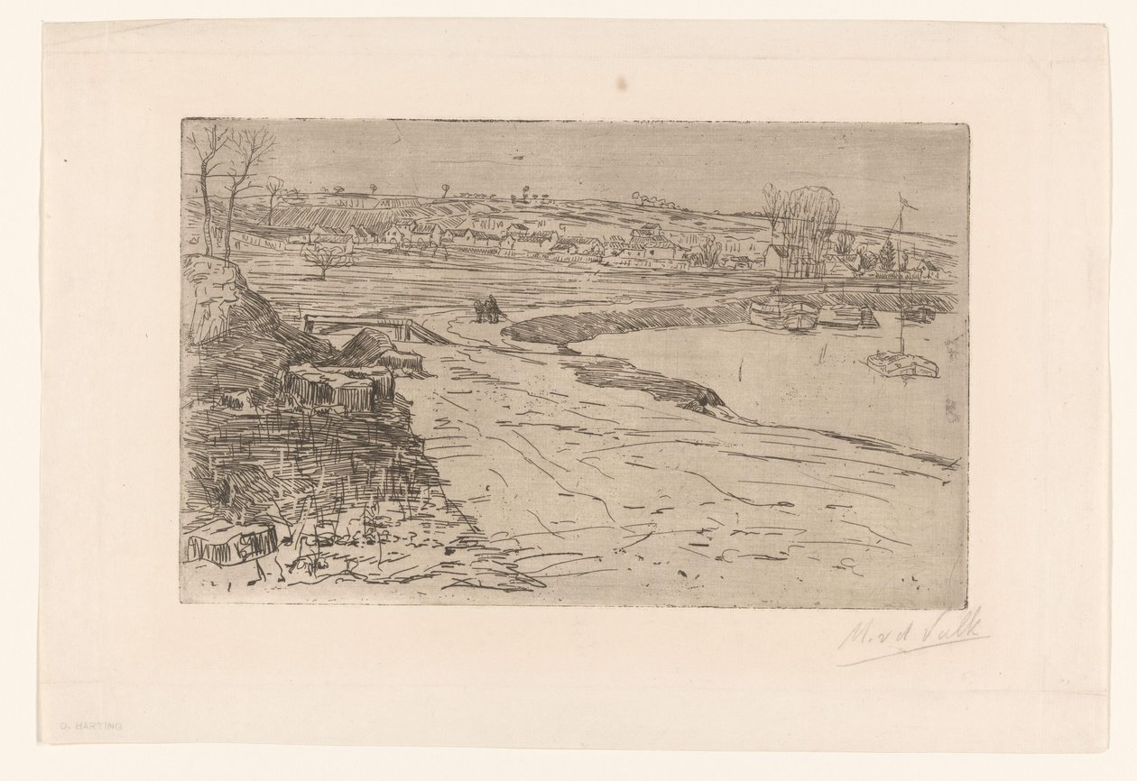 Landschap met huizen en water met aangemeerde zeilboten door Maurits van der Valk (signed by artist)