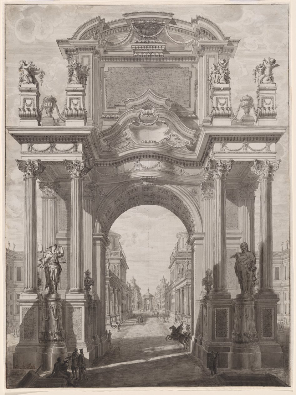 Een architectonische capriccio met een triomfboog door Maurizio Pedetti
