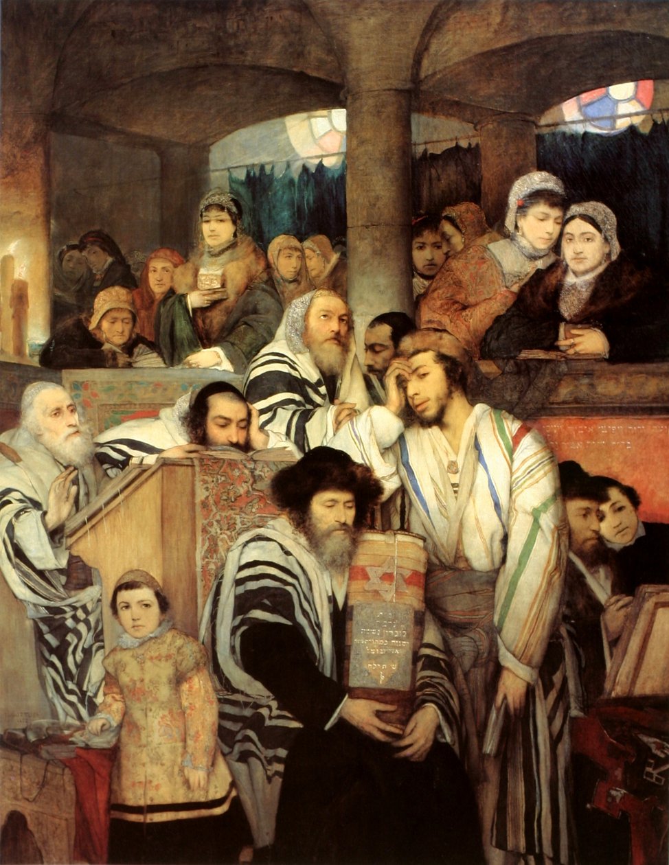 Joden bidden in de synagoge op Jom Kippoer door Maurycy Gottlieb