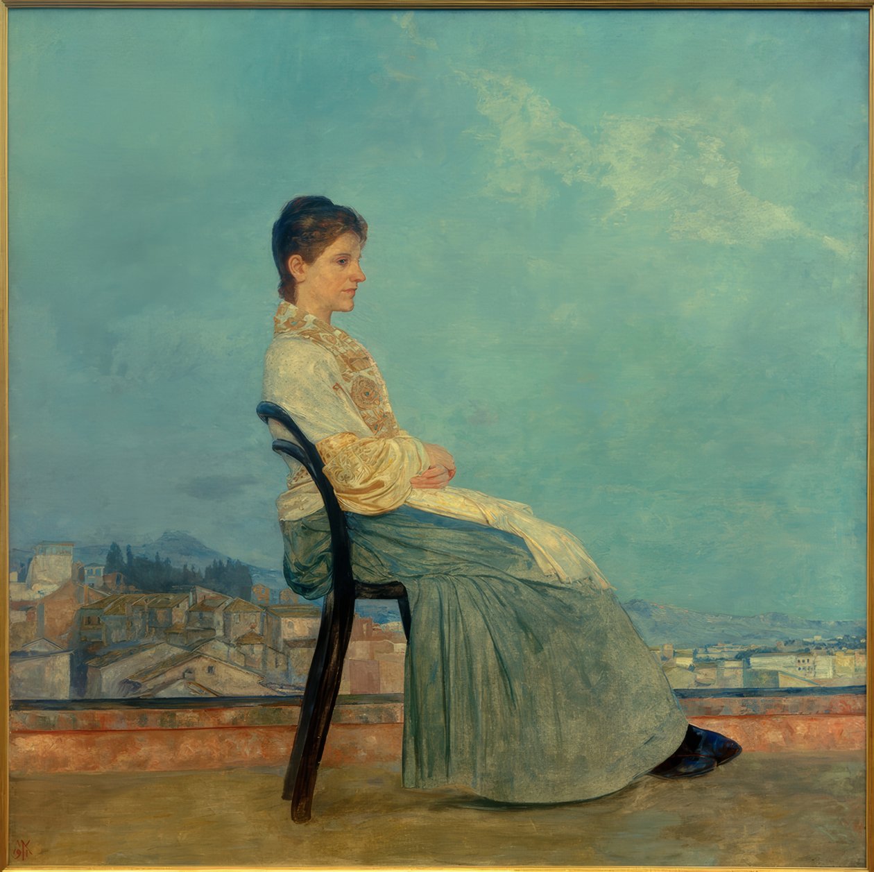 Portret van een Romeinse vrouw op een plat dak door Max Klinger