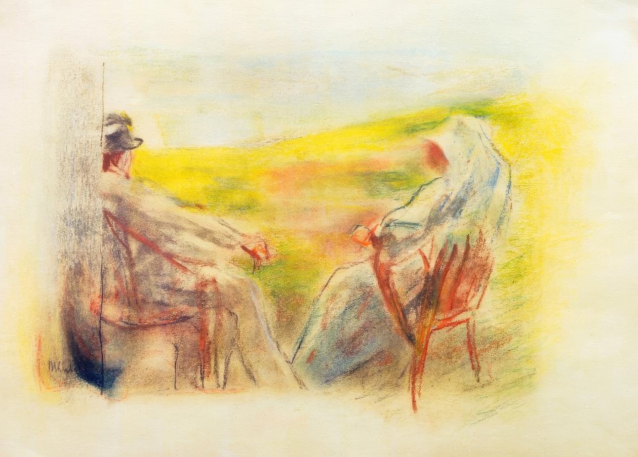 Dame en heer voor een duinlandschap door Max Liebermann