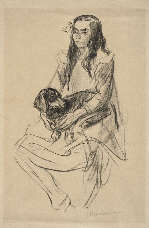 Zittend meisje met teckel door Max Liebermann