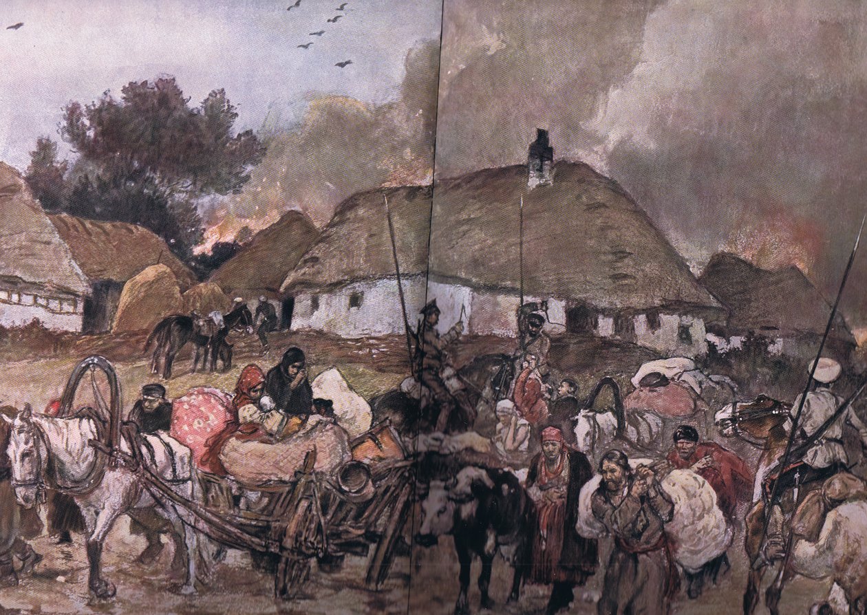 Op weg naar Brest-Litowsk: Poolse vluchtelingen met Kozakken achteraan, uit De Geïllustreerde Geschiedenis van de Wereldoorlog 1914-1915 pub. door Union Berlagsefellfchaft, 1922 Vol. 3 door Max Tilke
