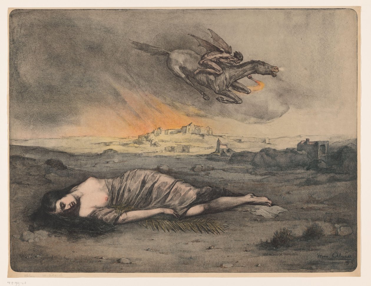 Liggende vrouw en vliegende ruiter met fakkel door Max Alexander Alandt (signed by artist)
