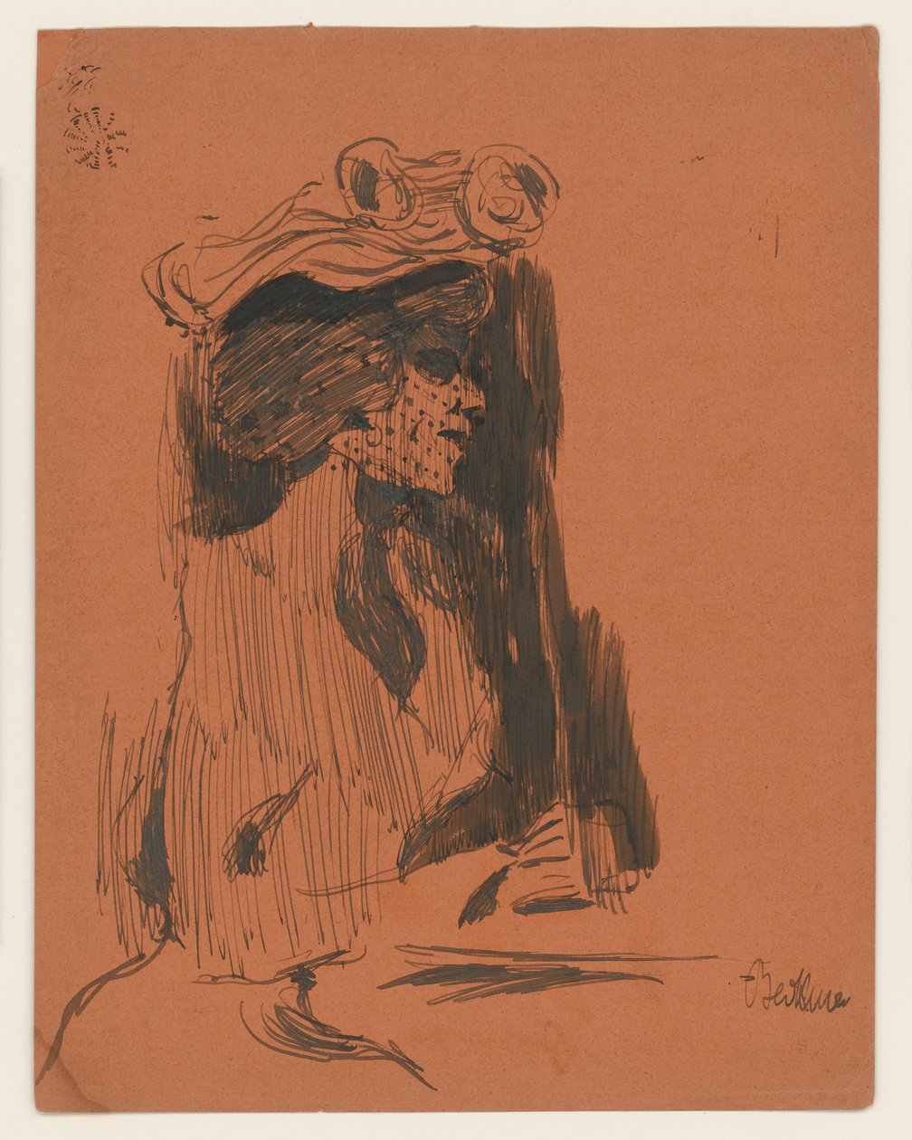 Halbfigur einer Frau mit Hut und Schleier, im Profil nach rechts door Max Beckmann