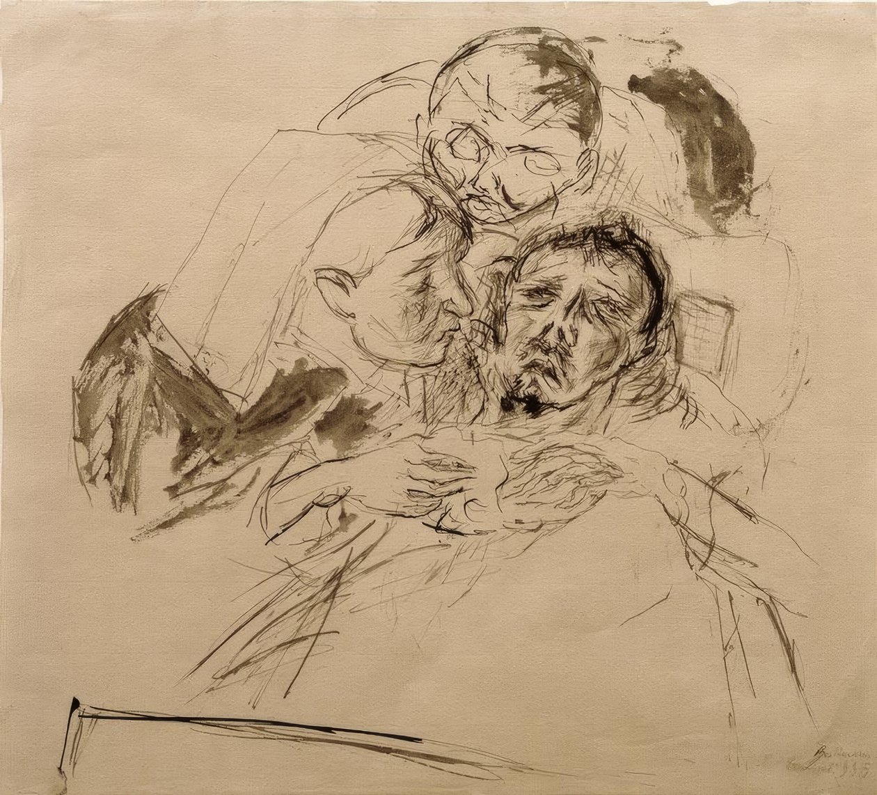Verpleegster en mannelijke figuur, gebogen over een zieke door Max Beckmann