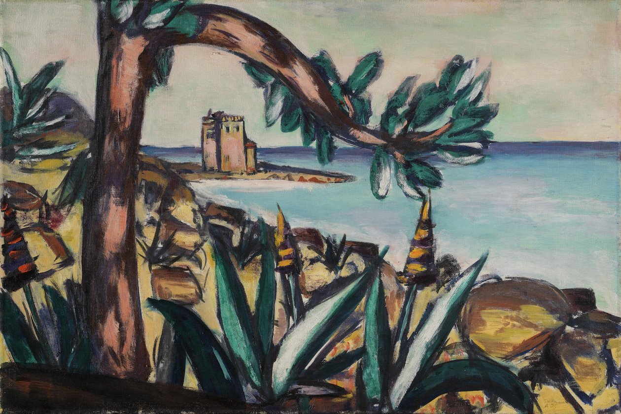 Kustlandschap met agaves en een oud kasteel door Max Beckmann