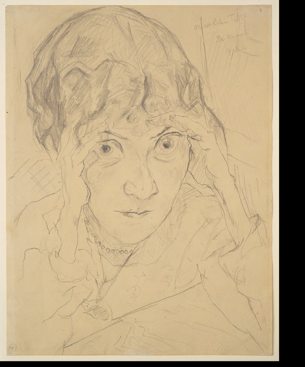 Portret van Fridel Battenberg, haar hoofd rustend in beide handen door Max Beckmann