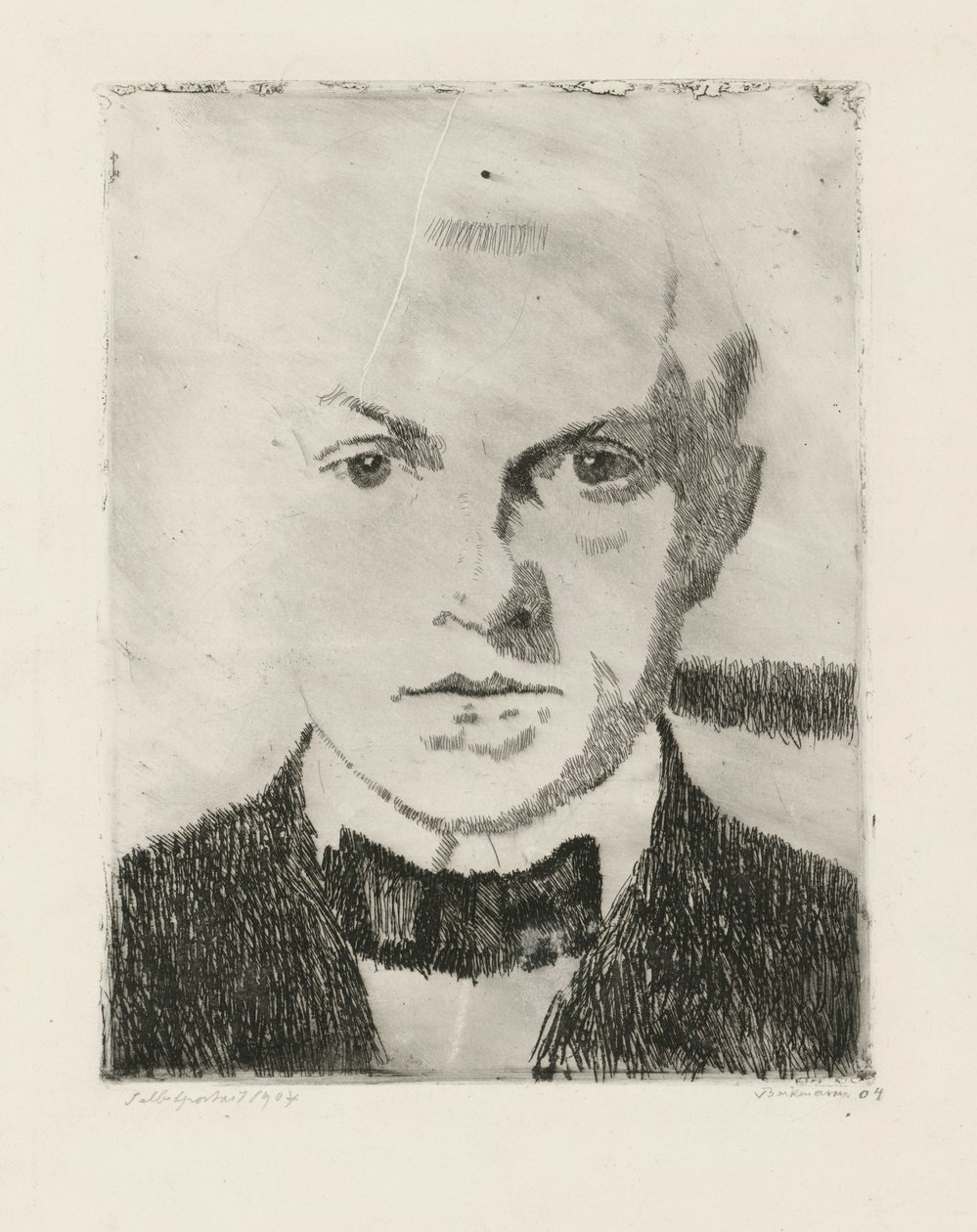 Zelfportret (achterzijde: eerste druk van de koudnaaldetsage „Liefdespaar“ uit 1916, Hofmaier 88 I) door Max Beckmann