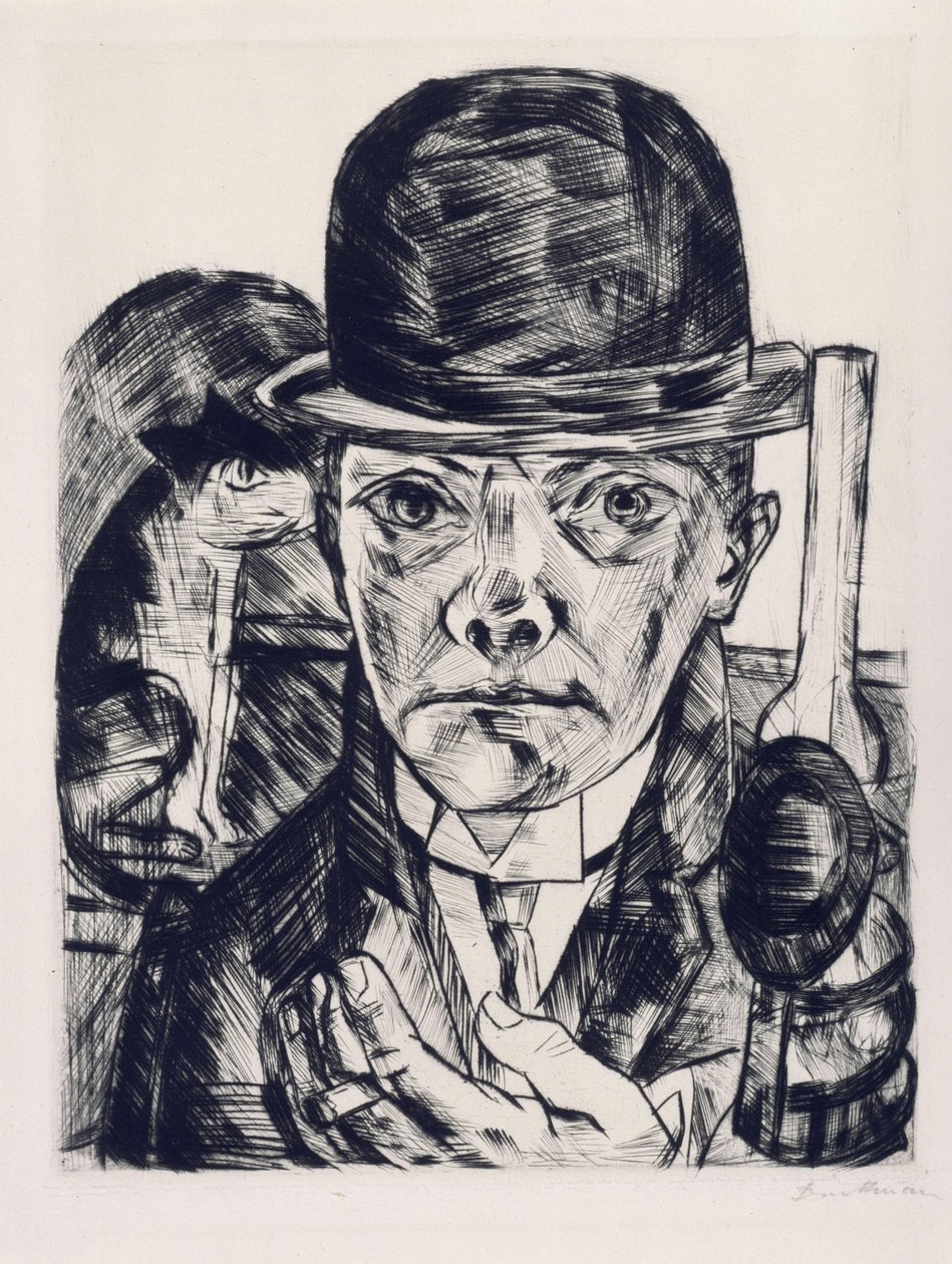 Zelfportret met een stijve hoed door Max Beckmann