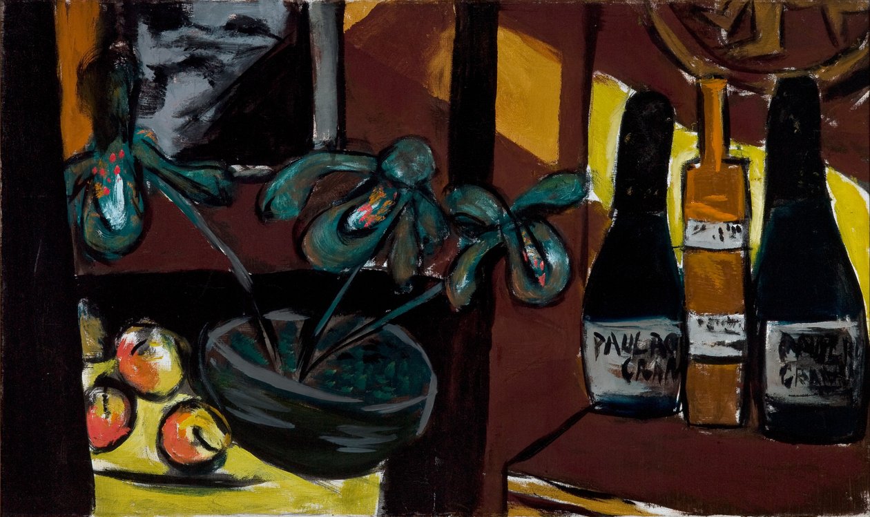 Stilleven op bruin en geel (Champagneflessen en Orchideeën) door Max Beckmann