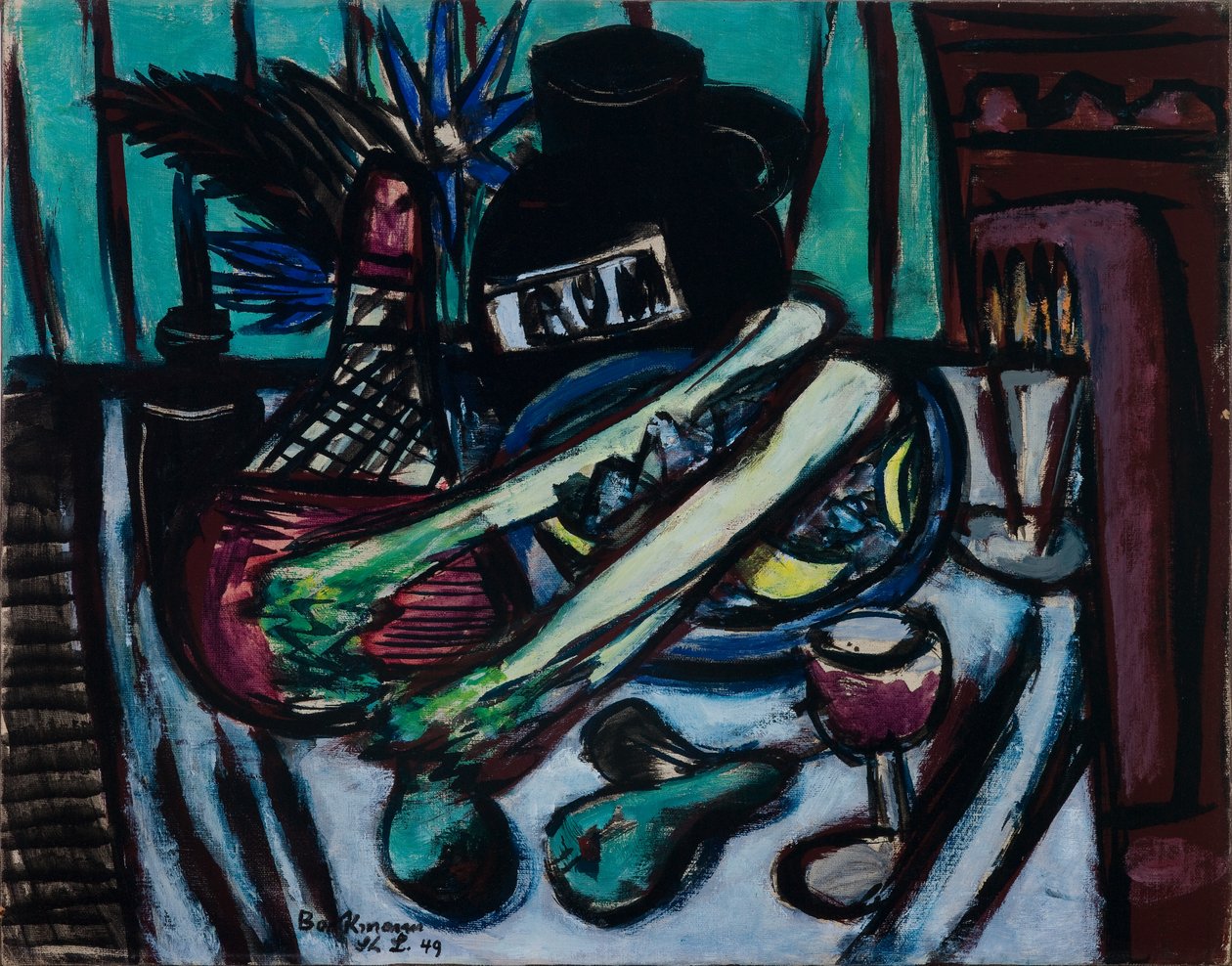 Stilleven met chiantifles en selderij door Max Beckmann