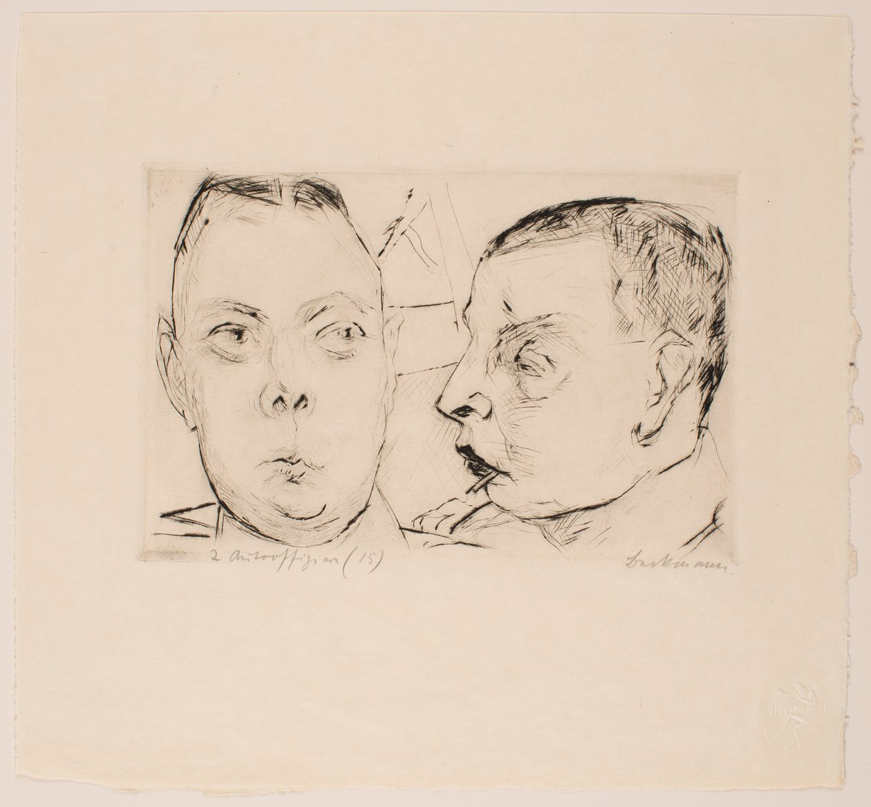 Twee auto-officieren (Faces) door Max Beckmann