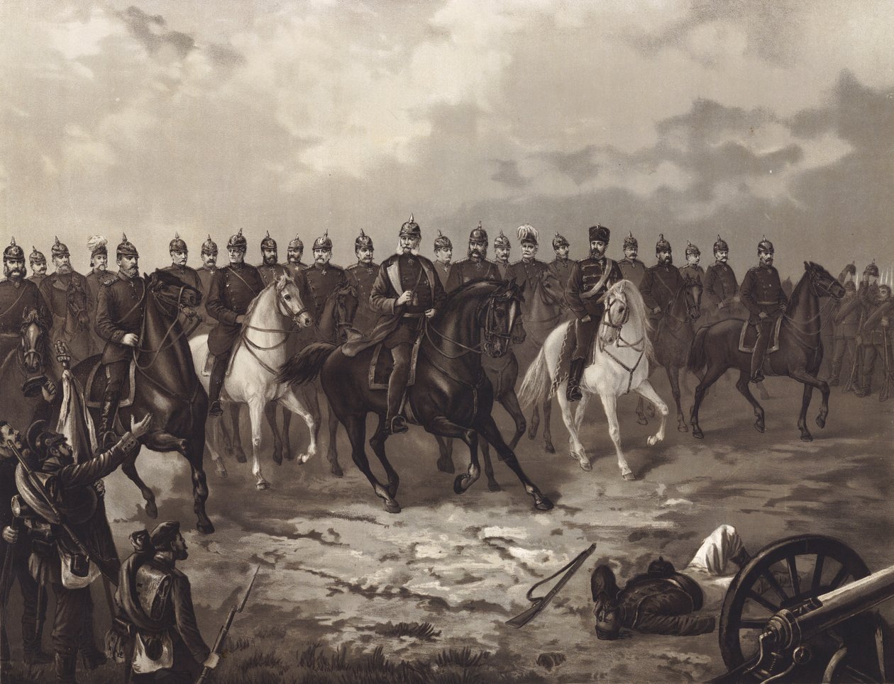 Koning Wilhelm I van Pruisen en zijn generale staf (litho) door Max Henze-Dassau