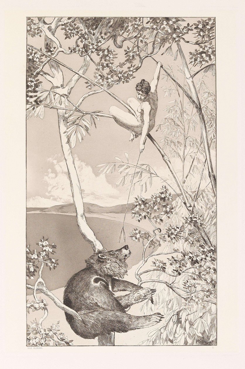 Beer en Elf Bär und Elfe plaat I uit Intermezzos, Opus IV Intermezzi, Opus IV, c. 1880 door Max Klinger