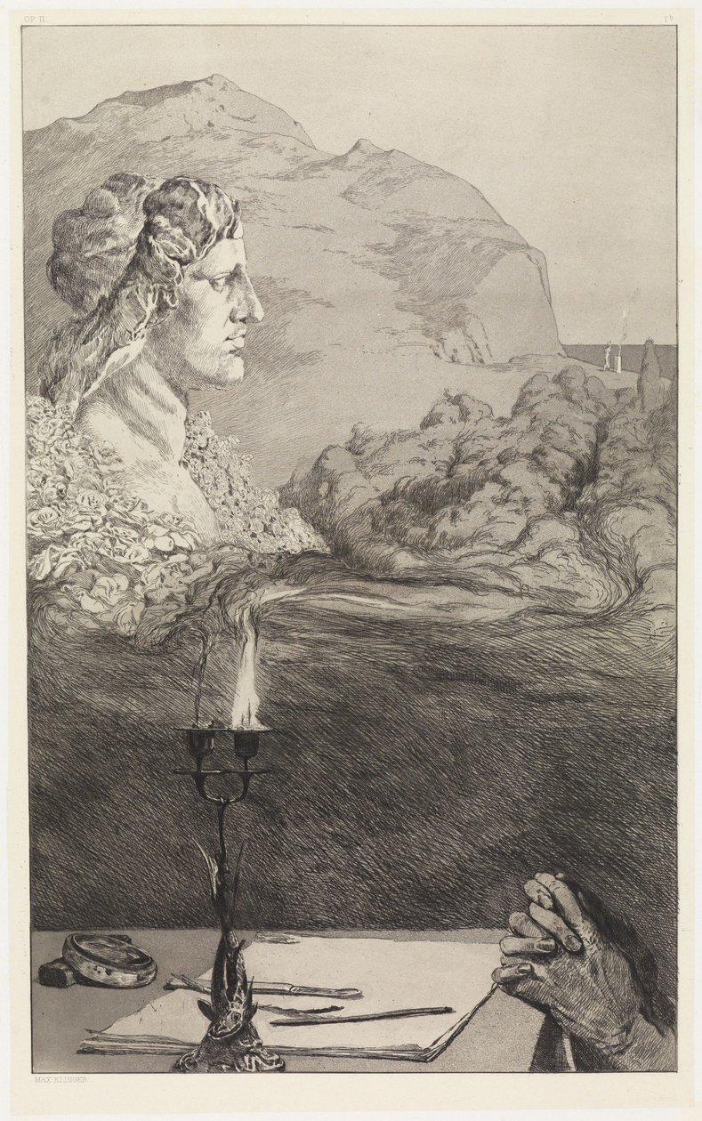 Titelpagina (Schilderachtige toewijding / aanroeping) (Redding van de offers van Ovidius, Opus II, blad 1 [1b]) door Max Klinger