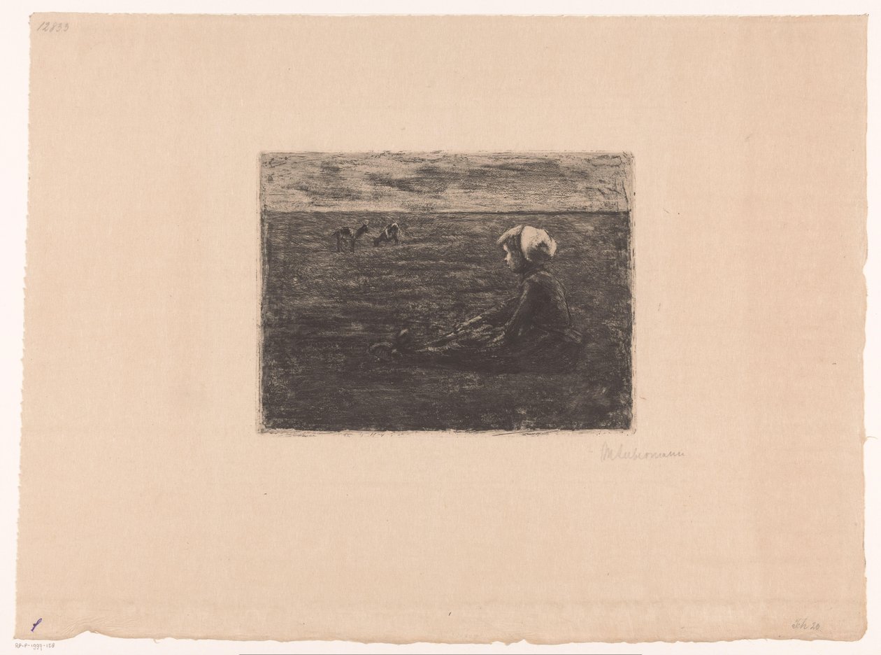 Jonge geitenhoedster zittend in het veld door Max Liebermann (signed by artist)