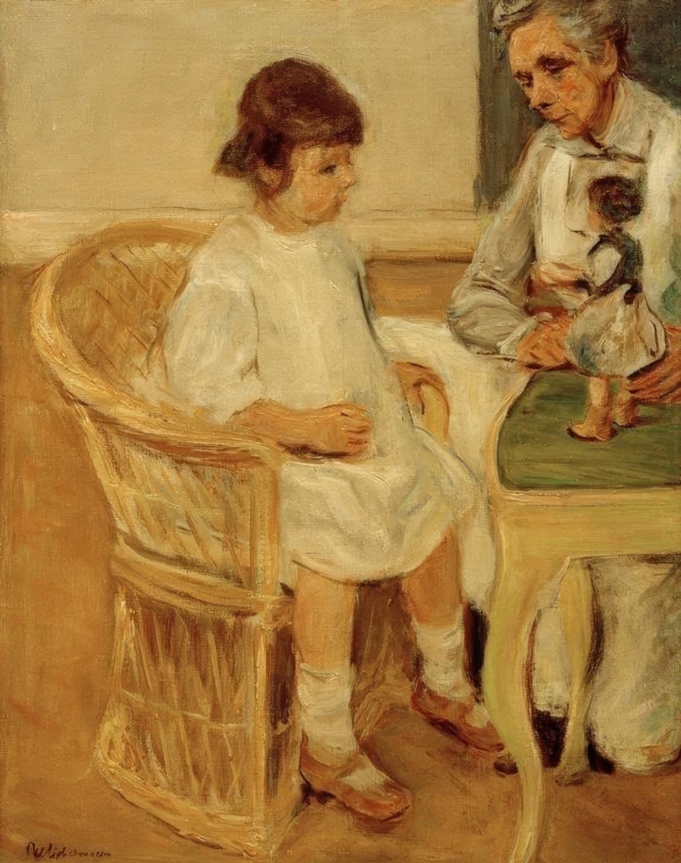De kleindochter van de kunstenaar in een rieten stoel naar rechts door Max Liebermann