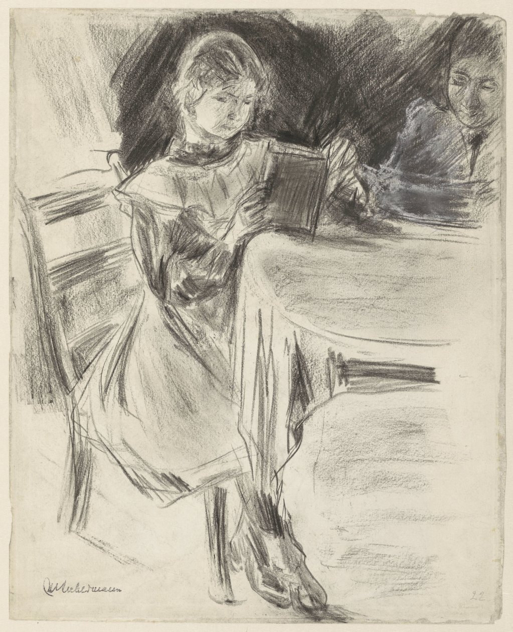 Dochtertje en vrouw van Max Liebermann, lezend aan een ronde tafel door Max Liebermann