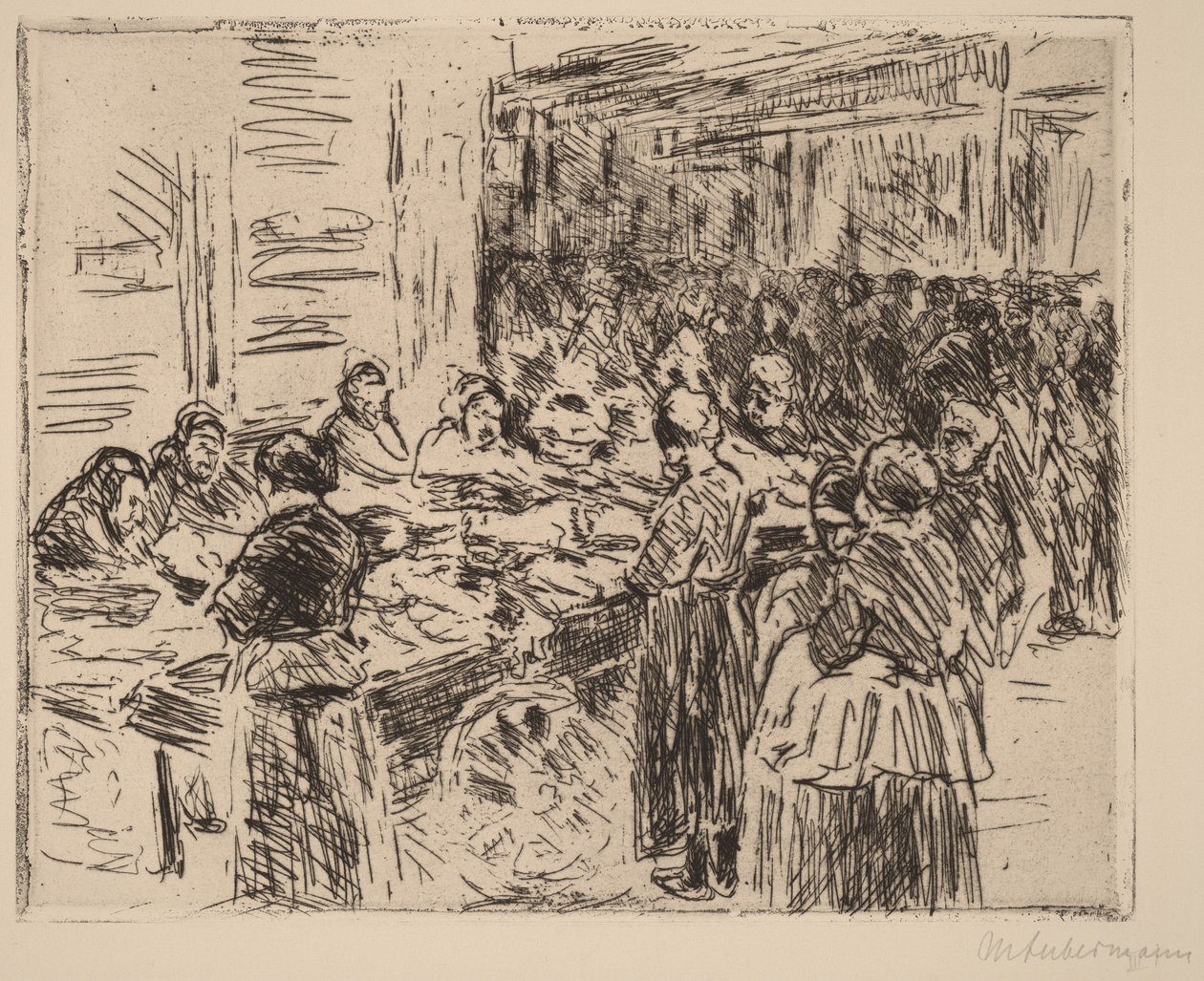 Uit de Joodse wijk in Amsterdam: vismarkt op de straathoek door Max Liebermann