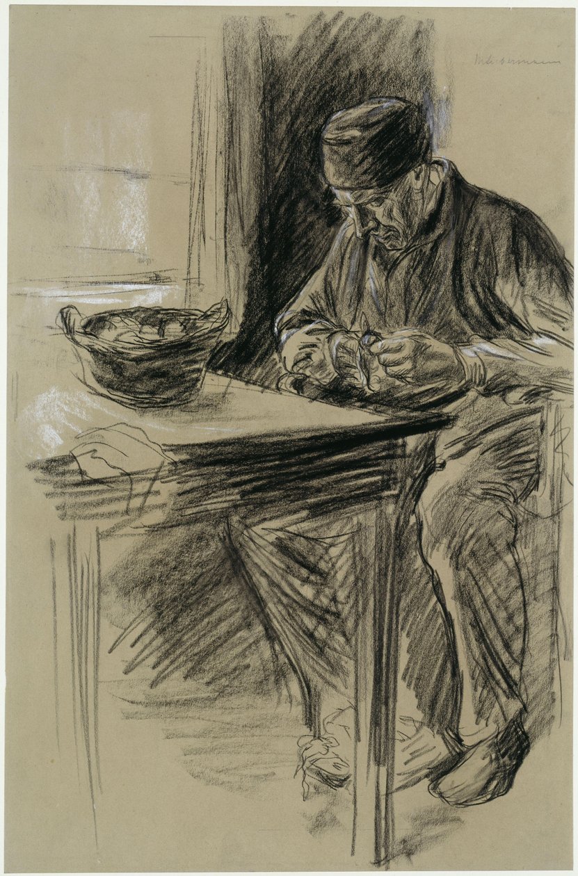 Een oude man die aardappelen schilt in Laren door Max Liebermann