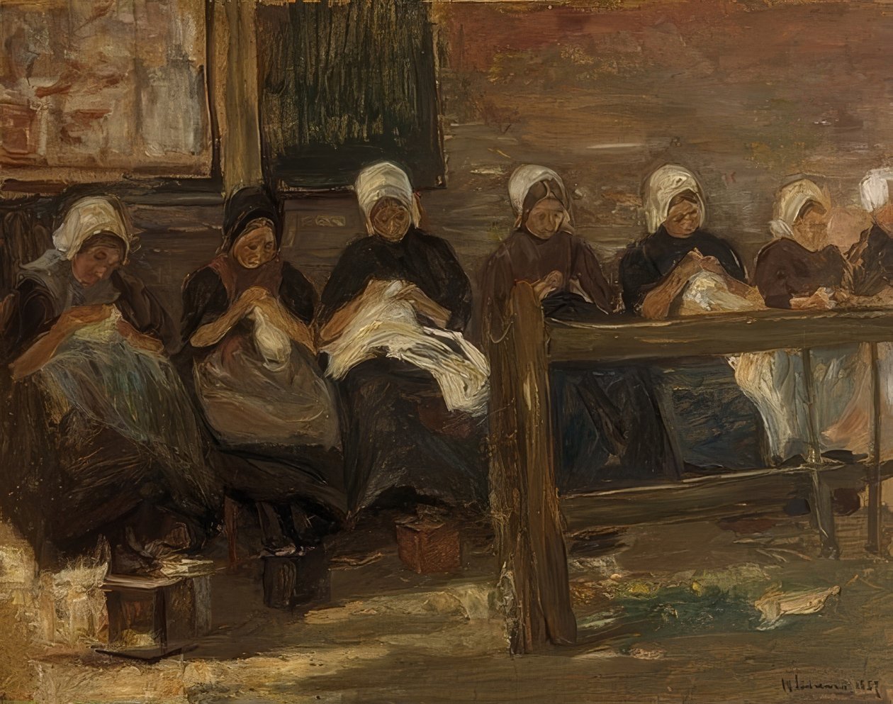 Naaiende meisjes in Huyzen - Studie met zeven figuren. 1889 door Max Liebermann
