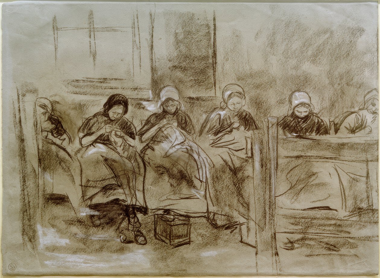 Zes naaiende Nederlandse meisjes voor een huiswand door Max Liebermann