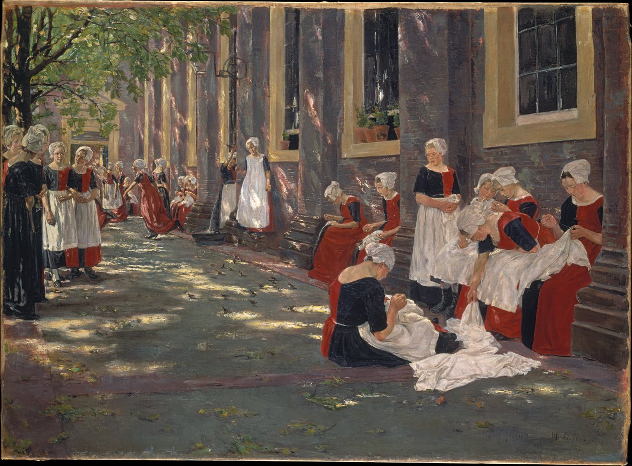 De binnenplaats van het weeshuis in Amsterdam: Vrije tijd in het Amsterdams weeshuis door Max Liebermann