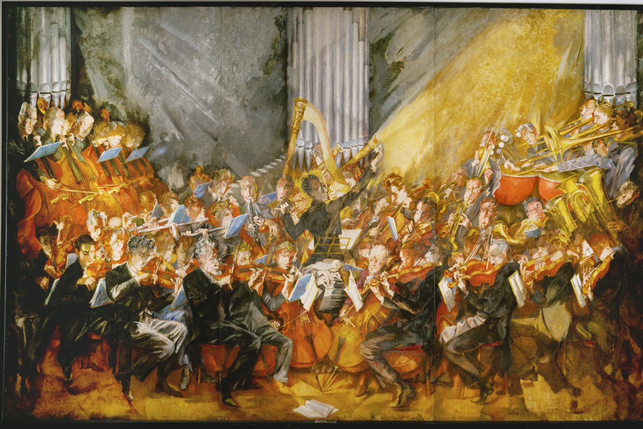 Het orkest (schilderij op doek) door Max Oppenheimer