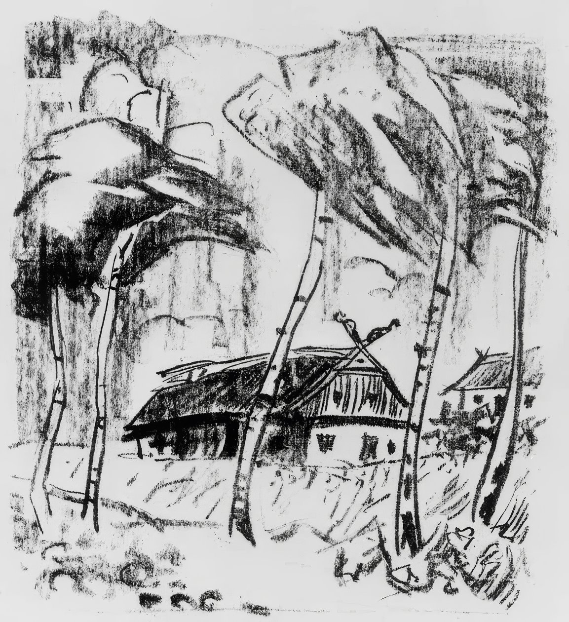 Boerderij achter berkenbomen door Max Pechstein