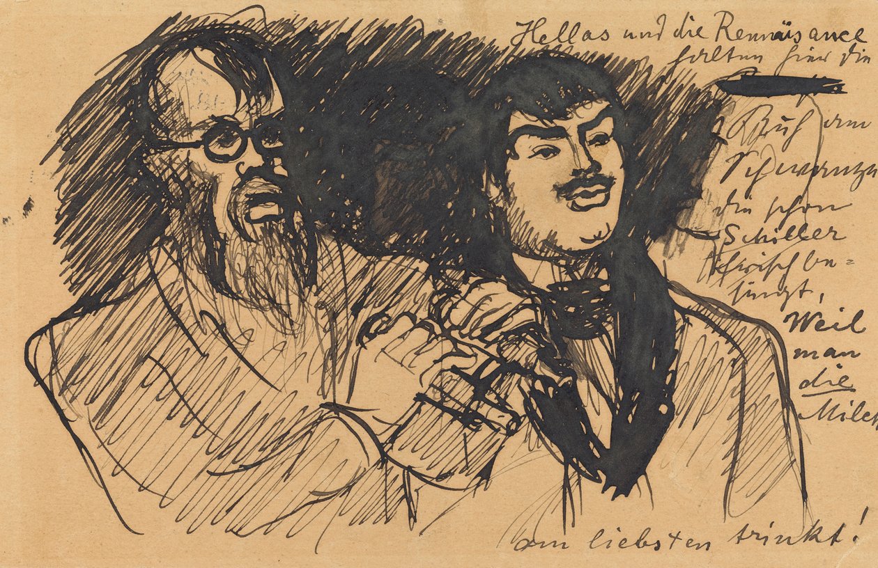 Drei Lenbach-Karikaturen: a) Brustbild; b) Ganzfigur; c) zusammen mit Stuck door Max Slevogt