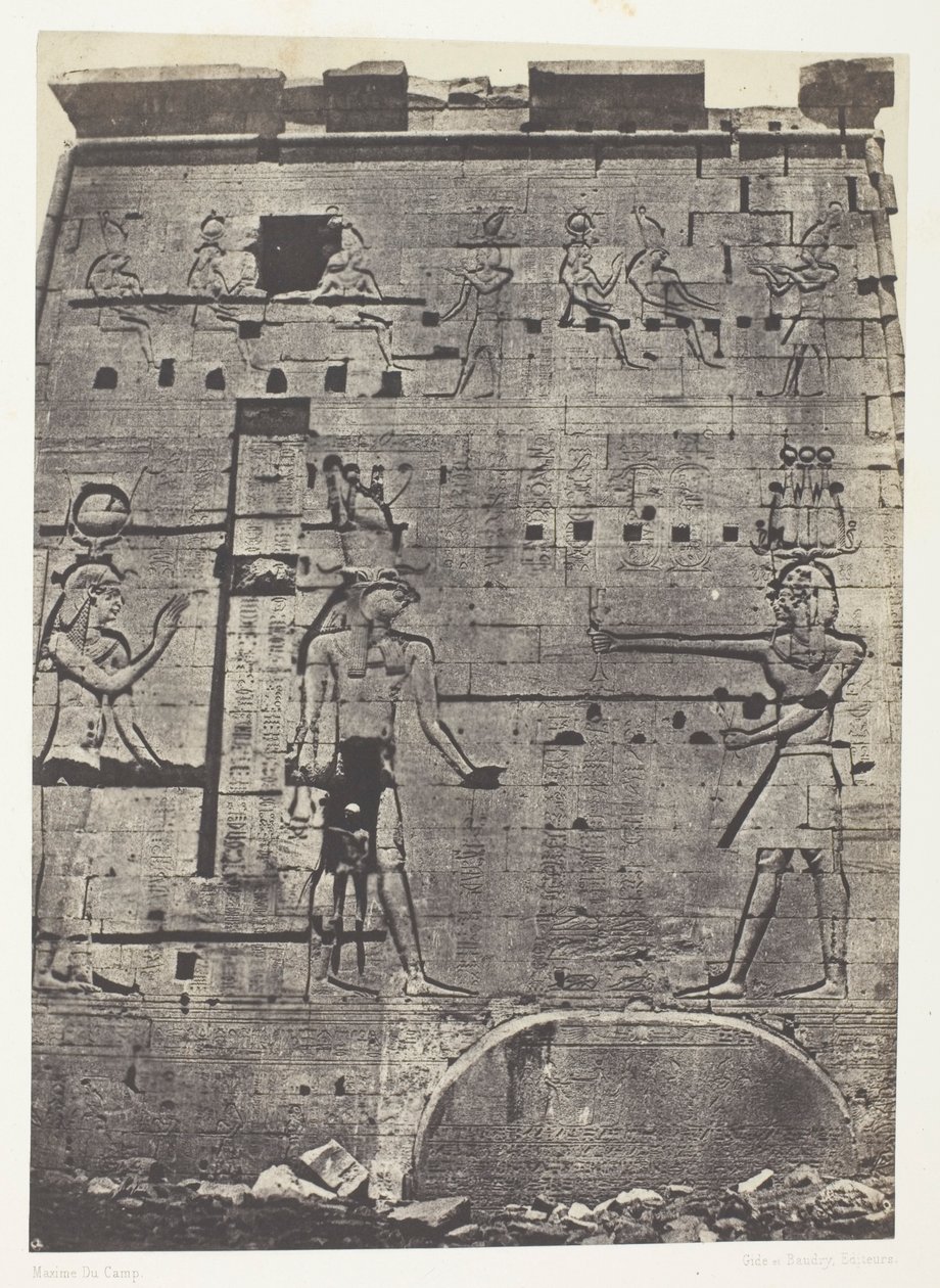 Grote tempel van Isis in Philoe, tweede pyloon; Nubië, plaat 74 uit het album "Egypte, Nubië, Palestina en Syrië" (1852) door Maxime Du Camp