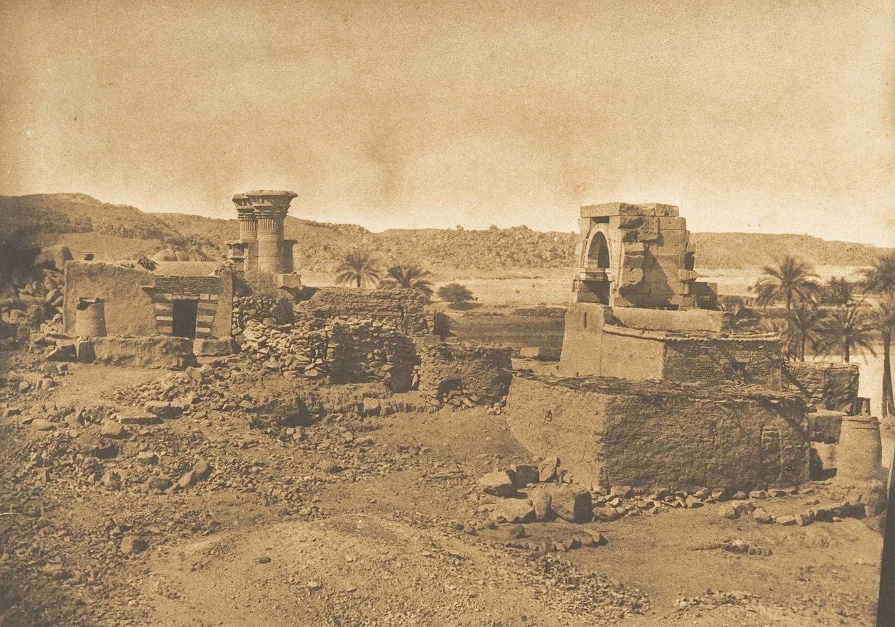Ruïnes en dorp van Begueh, klein eiland ten westen van Philae, 11 april 1850 door Maxime Du Camp