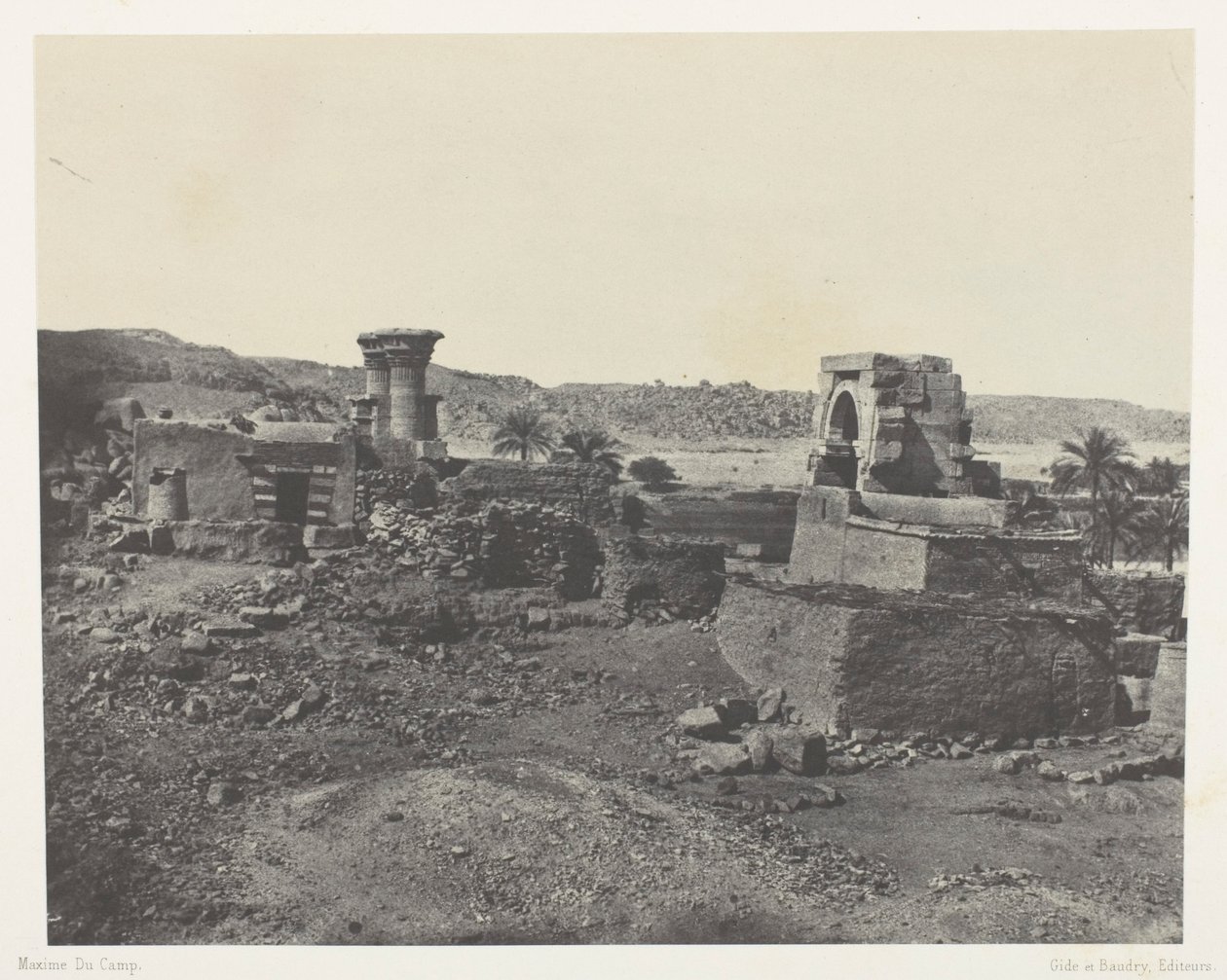 Dorp en tempel op het eiland Beghé, ten westen van Philoe; Nubië, plaat 81 uit het album "Egypte, Nubië, Palestina en Syrië" (1852) door Maxime Du Camp