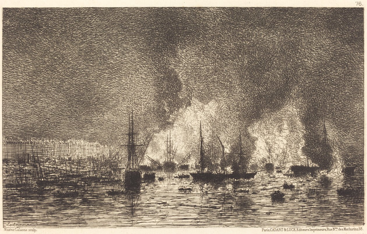 Brand in de Haven van Bordeaux door Maxime Lalanne