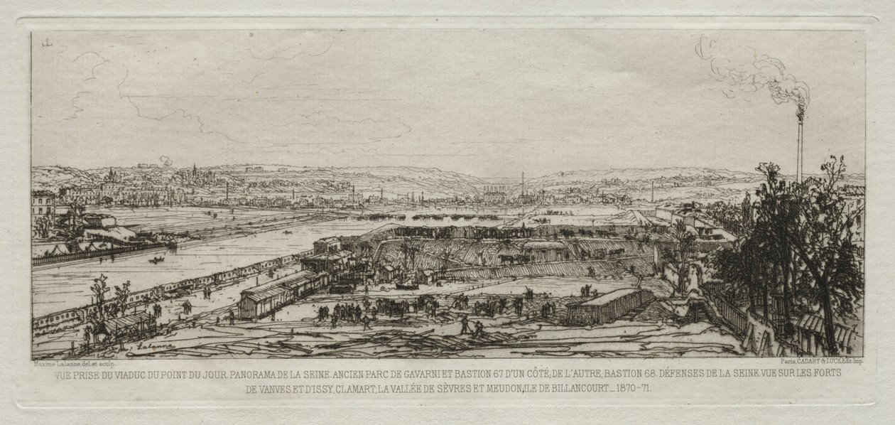 Souvenir artistiques du Siège de Paris: Vue prise du viaduc du Pont-du-Jour..., 1870-71 door Maxime Lalanne