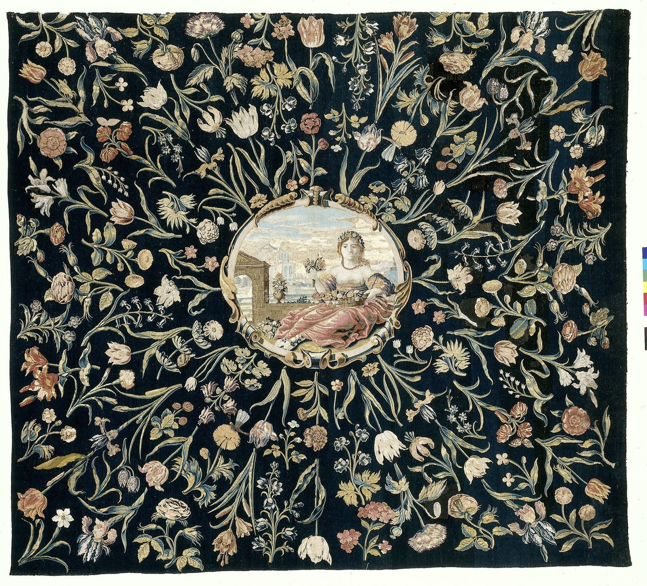 Tafelkleed met de personificatie van Flora en een bloemenpatroon door Maximiliaan van der Gucht (possibly)