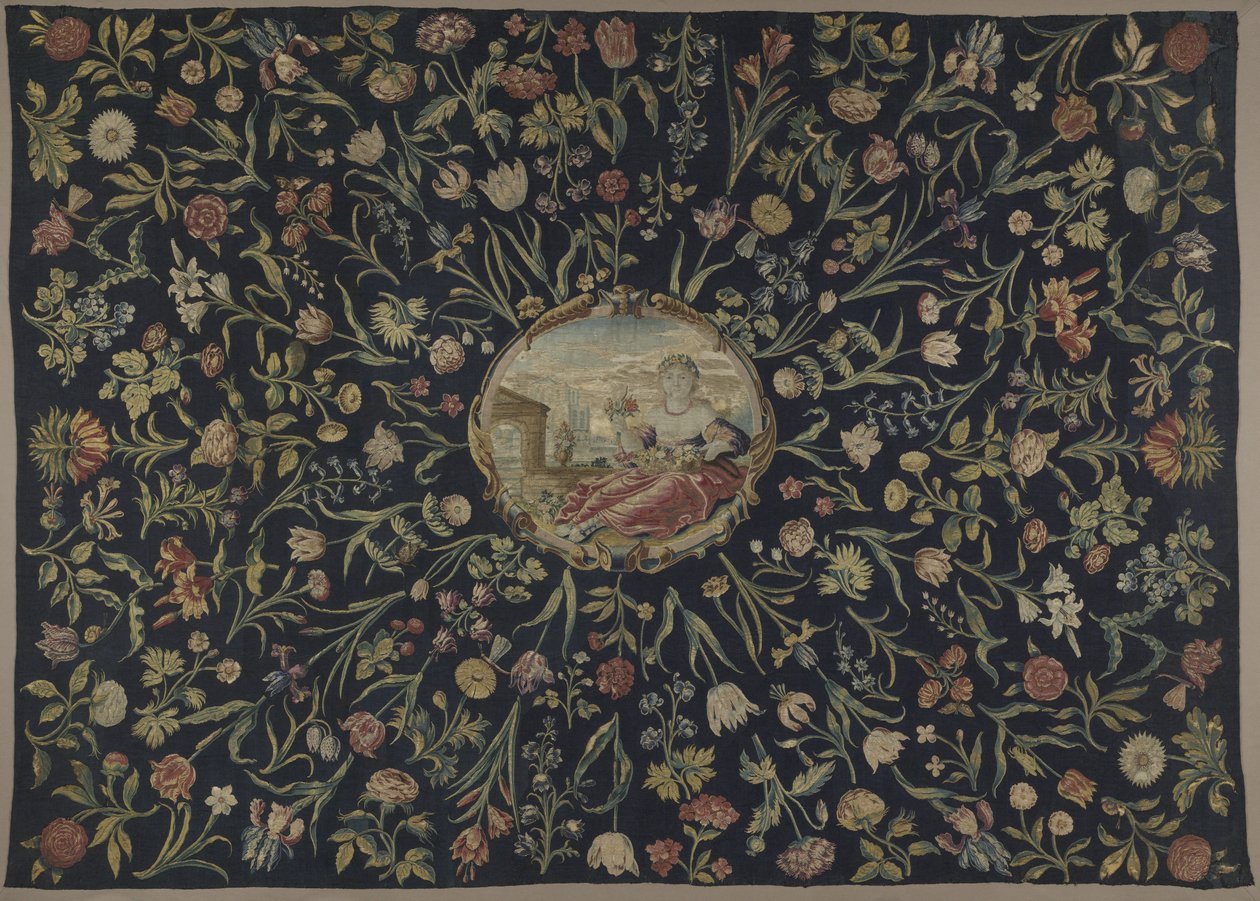 Tafelkleed met de personificatie van Flora en een bloemenpatroon door Maximiliaan van der Gucht (possibly)
