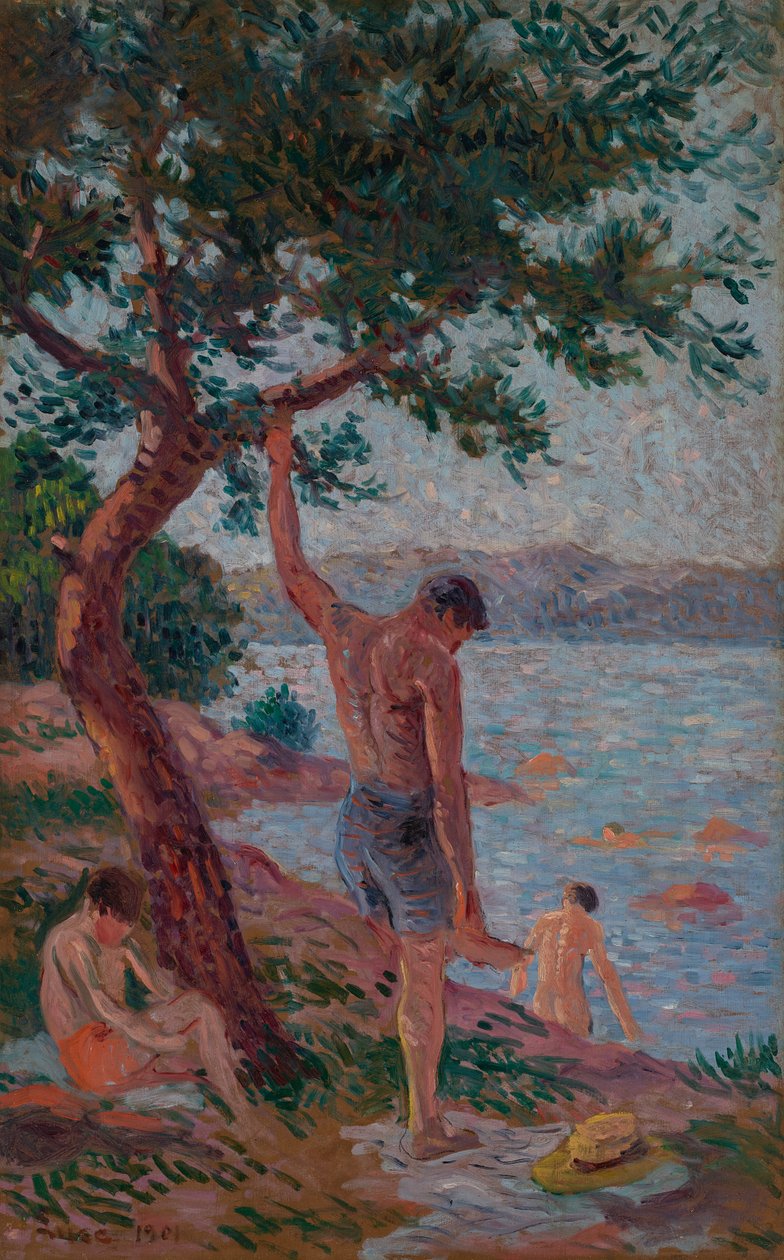 Saint-Tropez, baders onder de pijnbomen door Maximilien Luce