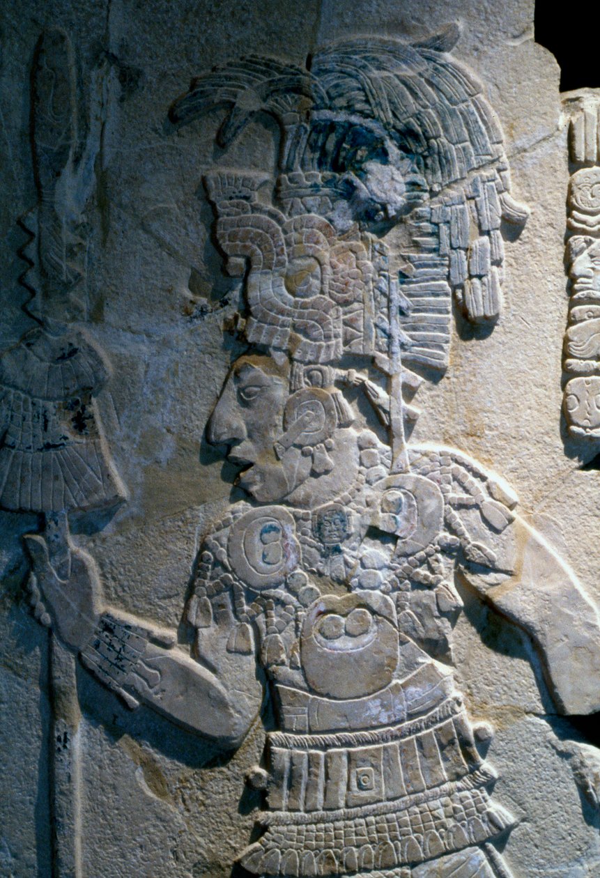 Laag reliëf dat de Verovering van Bolon Yoop door Kan Bahlam II toont, van Tempel XVII, Palenque, 695 AD door Mayan
