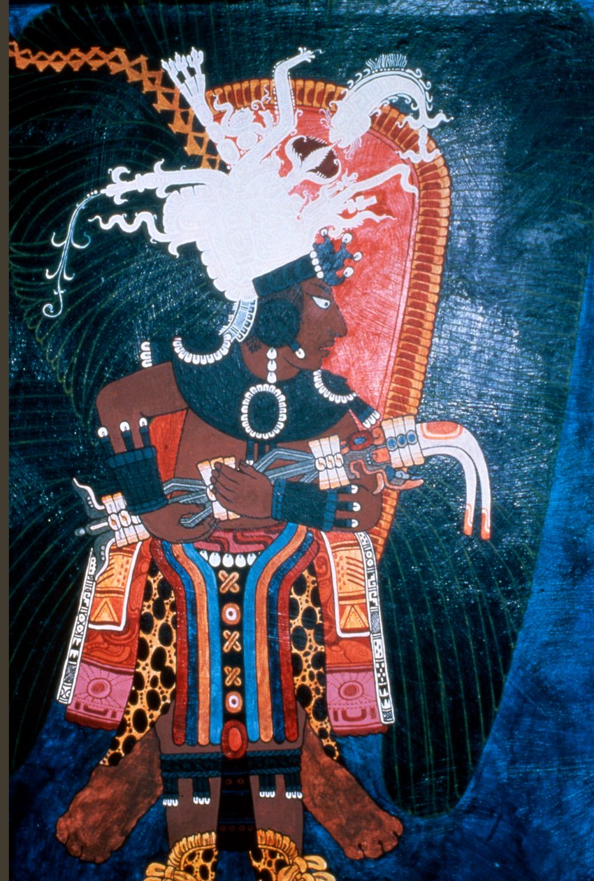 Reproductie van een muurschildering die een heerser toont gekleed voor een ceremonie, uit de Tempel van Muurschilderingen, Bonampak door Mayan