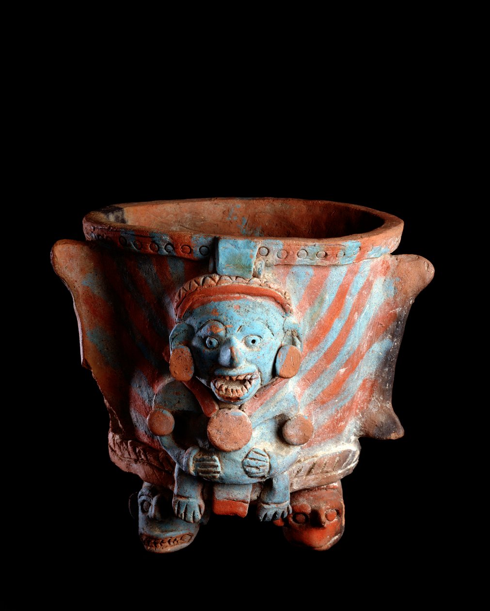 Precolumbiaanse kunst, Maya-beschaving, postklassieke periode: driepootvaas met klei wierook versierd met een hoofd door Mayan Mayan