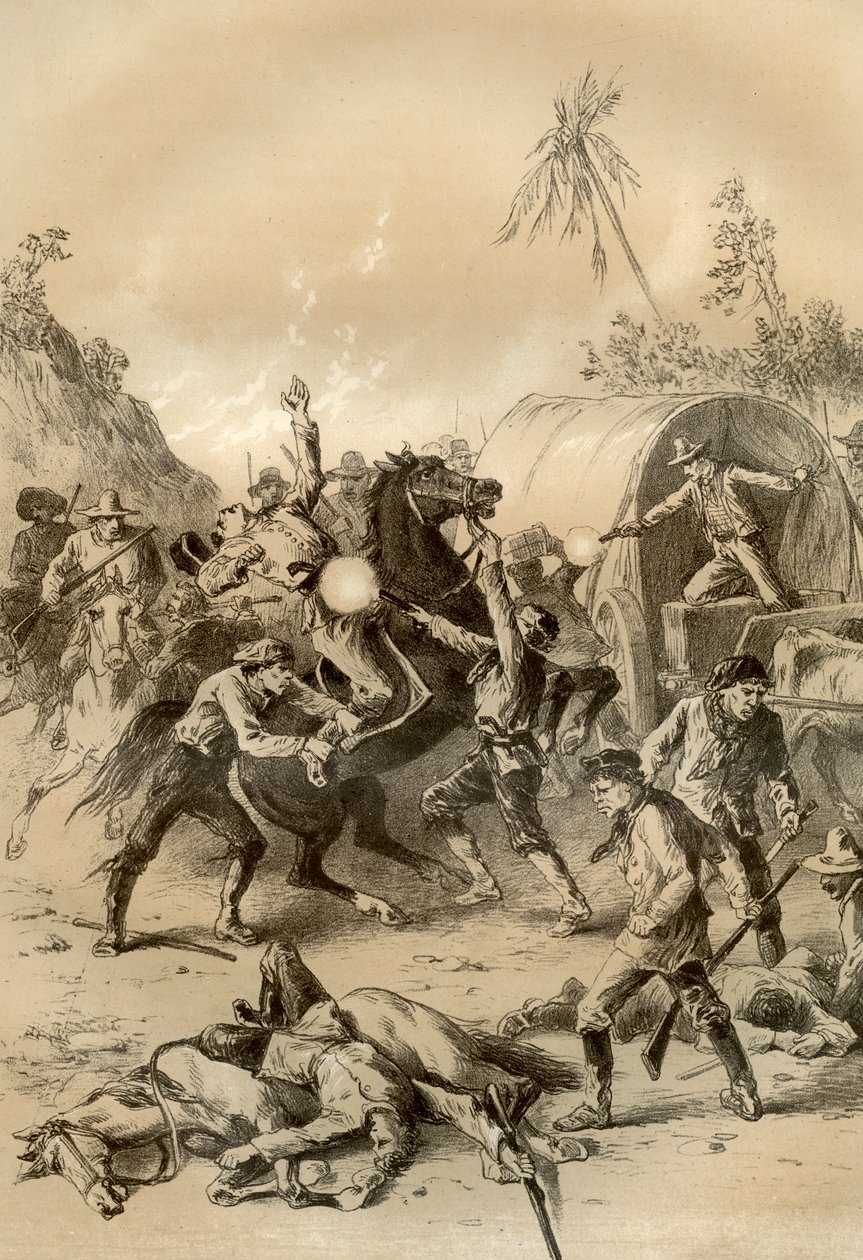 Goud escorte aangevallen door struikrovers, Australië, 1879 door McFarlane and Erskine