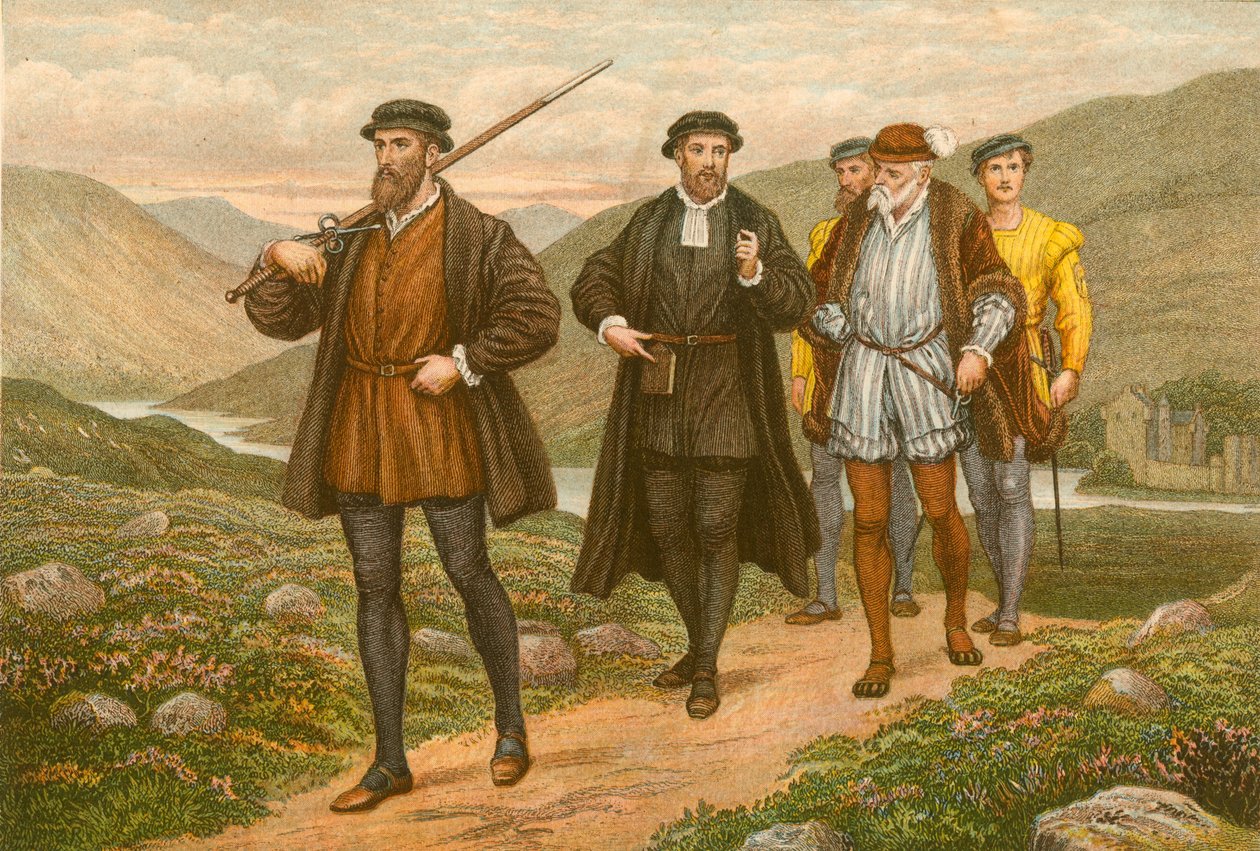 John Knox draagt het zwaard voor George Wishart, na de moordpoging in Dundee (ingekleurde gravure) door McLaren John Ralston