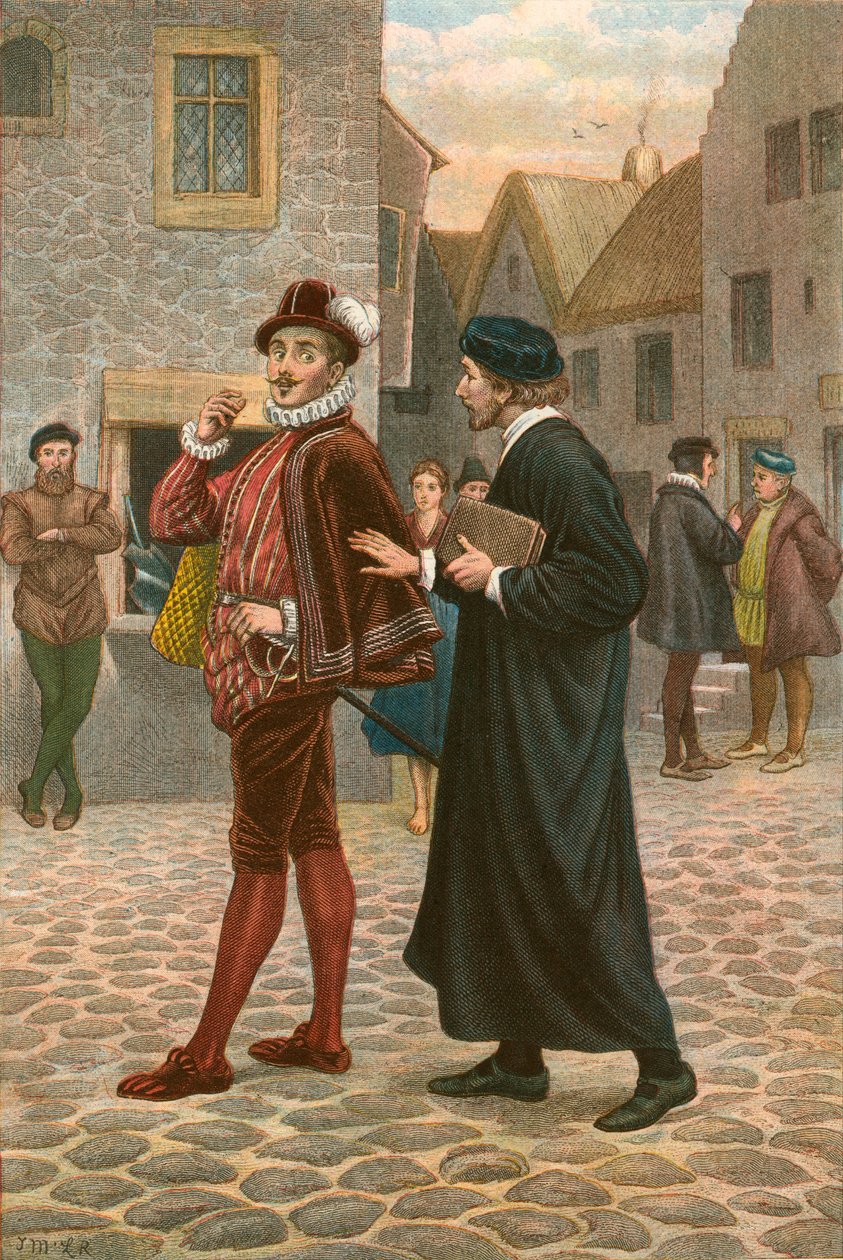 John Welch spreekt Robert Glendinning aan en voorspelt zijn oproep om hem op te volgen in het ministerie (ingekleurde gravure) door McLaren John Ralston