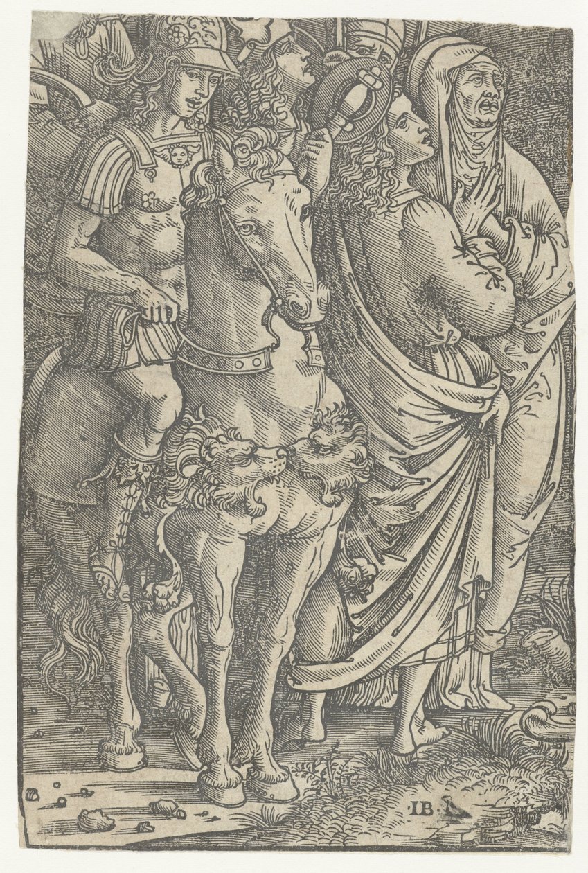 Fragment van een Kruisiging met Johannes de Evangelist en Maria en soldaten door Meester IB met de vogel