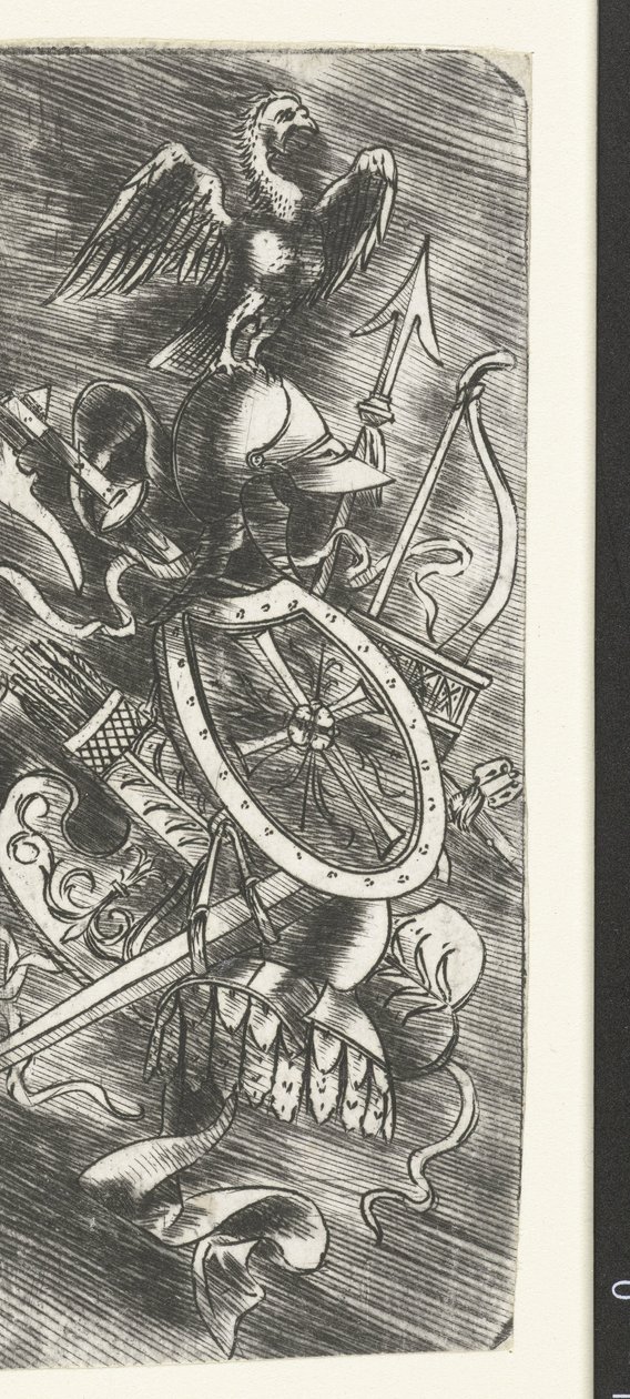 Adelaar bovenop wapentrofeeën waaronder verschillende wapens door Meester van 1515